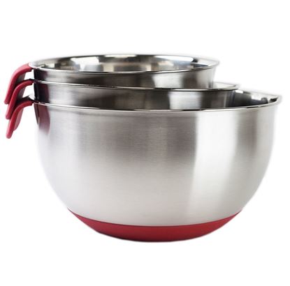Picture of HUJI 3 Piece Stainless Steel Mixing Bowls Set with Pouring Spouts & Non-Slip Silicon Base (Red) - HJ307R