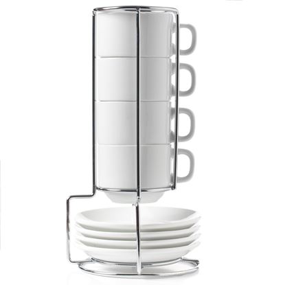 Picture of HUJI Stack-able Porcelain 4 Oz. Espresso Turkish Coffee Cups & Saucer with Chrome Rack - HJ318
