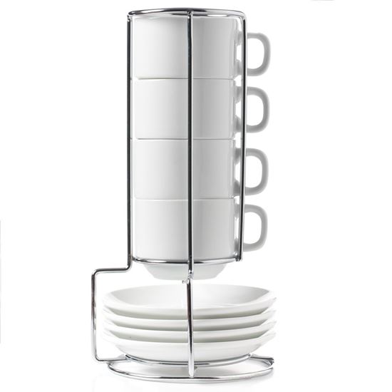 Picture of HUJI Stack-able Porcelain 4 Oz. Espresso Turkish Coffee Cups & Saucer with Chrome Rack - HJ318