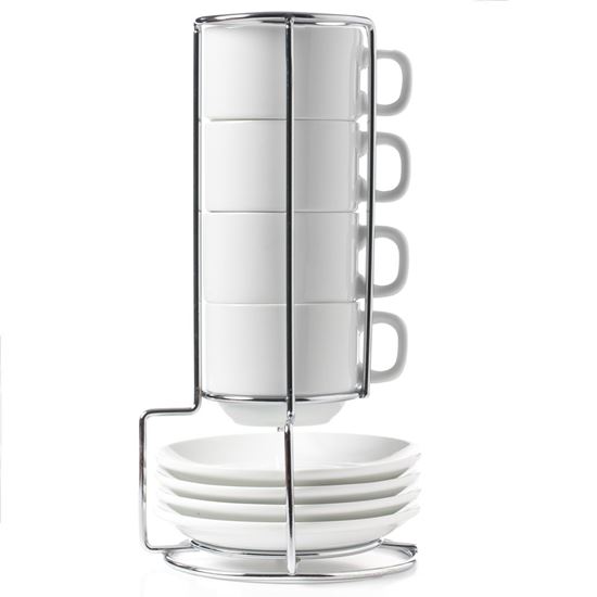 Hic 9-Piece Stackable Espresso Coffee Tea Set, Fine White Porcelain, Set  Includes 4 (4-Ounce) Cups With Matching Saucers And Metal Stand, Gift Boxed  