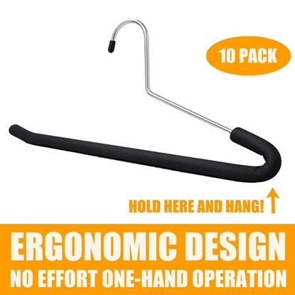 Picture of HUJI Extra Long Heavy Duty Open Ended Ergonomic Easy Slide Non-Slip Wrinkle Free Foam Coated Metal Pants Hangers Trouser Organizers (Reversed Hook) Set of 10
